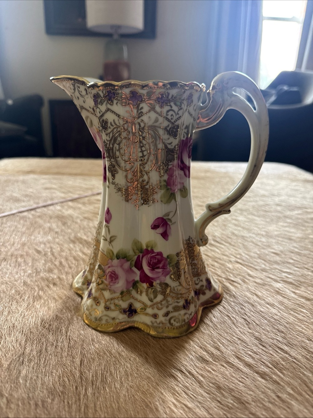 Nippon Floral Gold Trim Porcelain Pitcher with Pink Roses